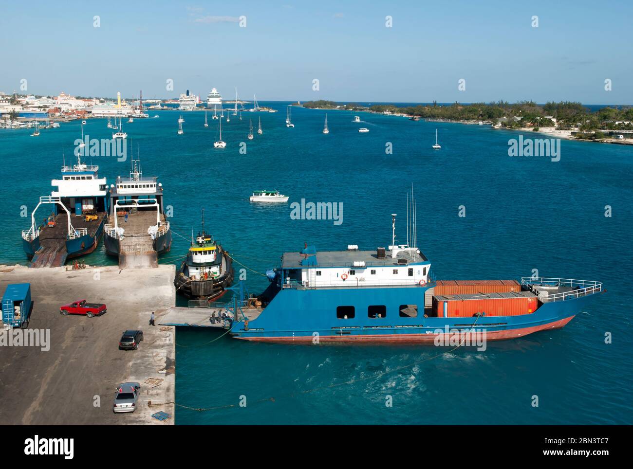 The view of cargo ships moored in industrial Potters Cay with Nassau