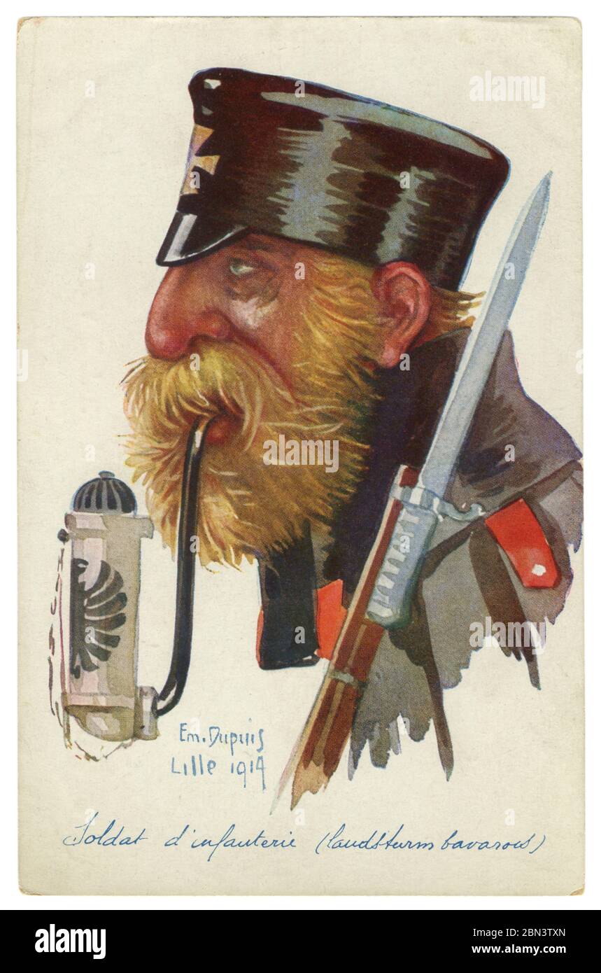 French historical postcard: caricature portrait of an elderly german infantryman, Bavarian landsturm. A soldier smokes a pipe. Germany, world war one Stock Photo