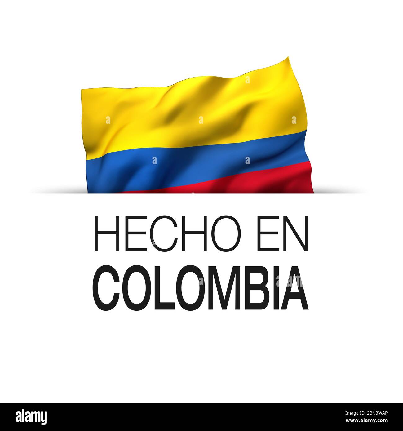 Made in Colombia written in Spanish- Guarantee label with a waving Colombian flag. 3D illustration. Stock Photo