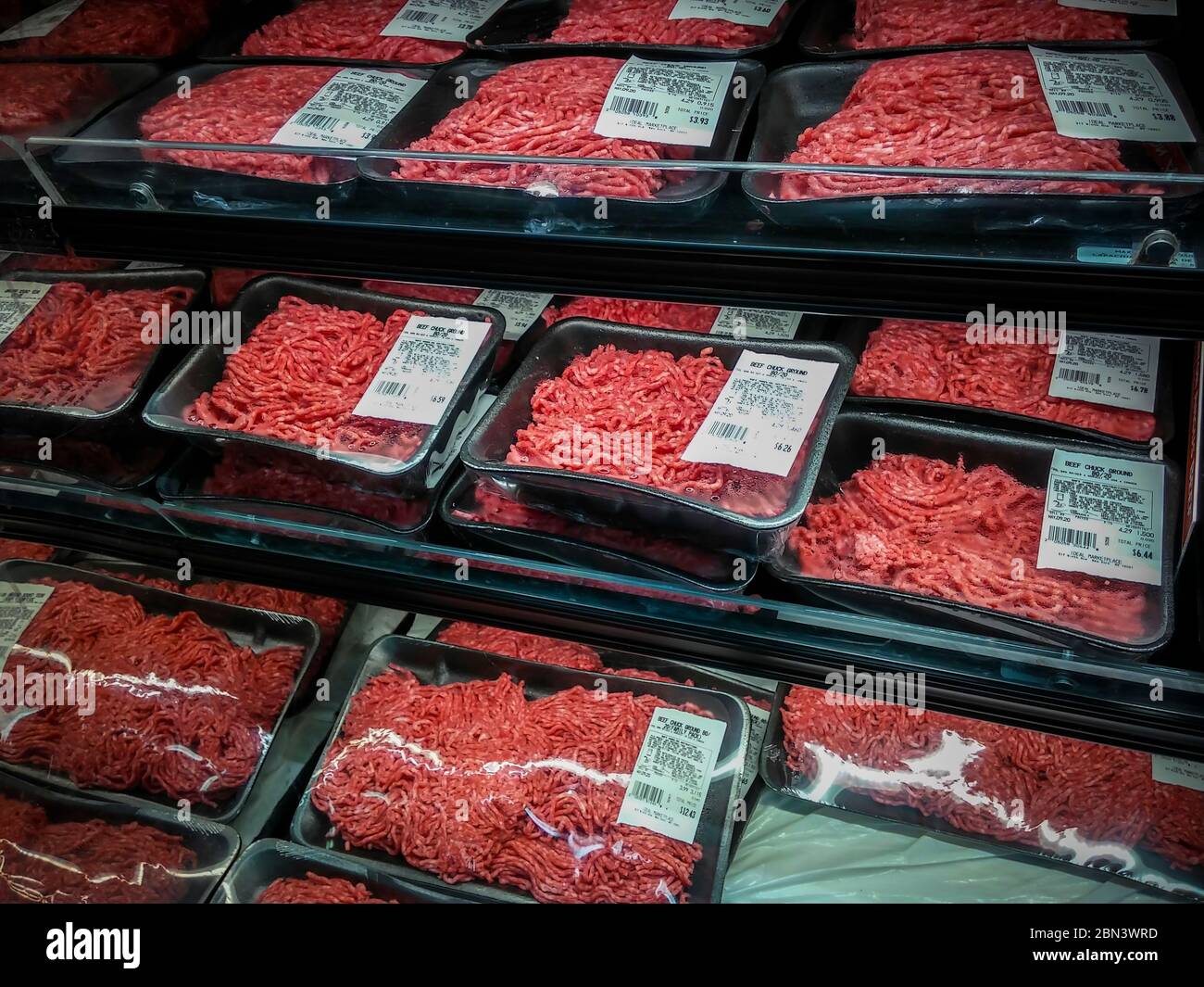 An attractive display of meat in the butcher department of a supermarket in New York on Wednesday, May 6, 2020. Prices of meat are starting to rise due to the closing of processing plants and some stores are limiting the amount of meat customers are allowed to purchase. (© Richard B. Levine) Stock Photo