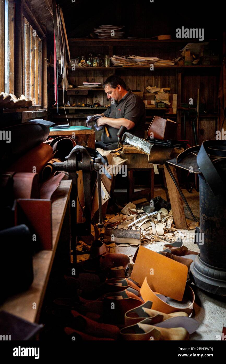 CARDIFF, UK. 11 July 2019. The clog maker at the St Fagans National Museum of History. An open-air museum in Cardiff chronicling the historical lifestyle, culture, and architecture of Wales. © Photo Matthew Lofthouse - Freelance Photographer Stock Photo