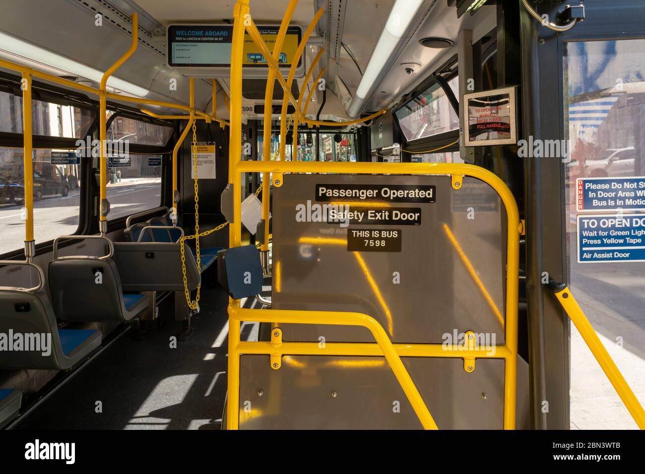 An empty M20 bus in New York on Saturday May 2, 2020. Since the
