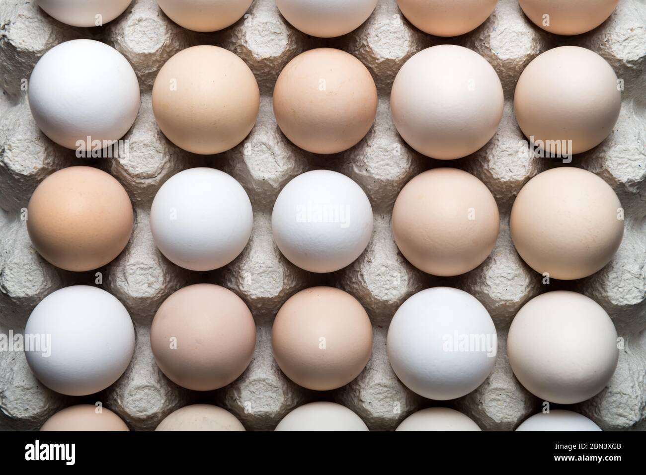 Chicken eggs in organic packaging closeup. Healthy eating background. Food photography Stock Photo