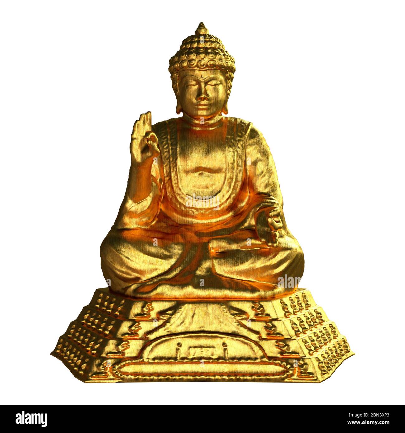 3D rendering of a golden Buddha statue isolated on white background
