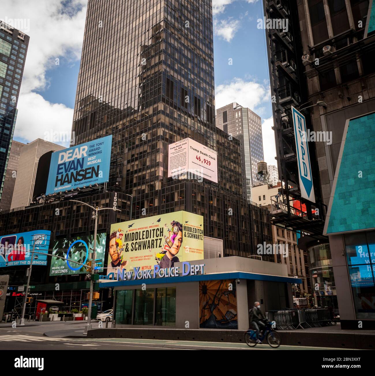 The “Trump Death Clock” billboard is seen in Times Square in New York on Saturday, May 9, 2020. The clock, originated by filmmaker Eugene Jarecki, shows the estimated amount of deaths in the U.S. from COVID-19 due to the delayed response from President Trump and other members of his staff.  (© Richard B. Levine) Stock Photo