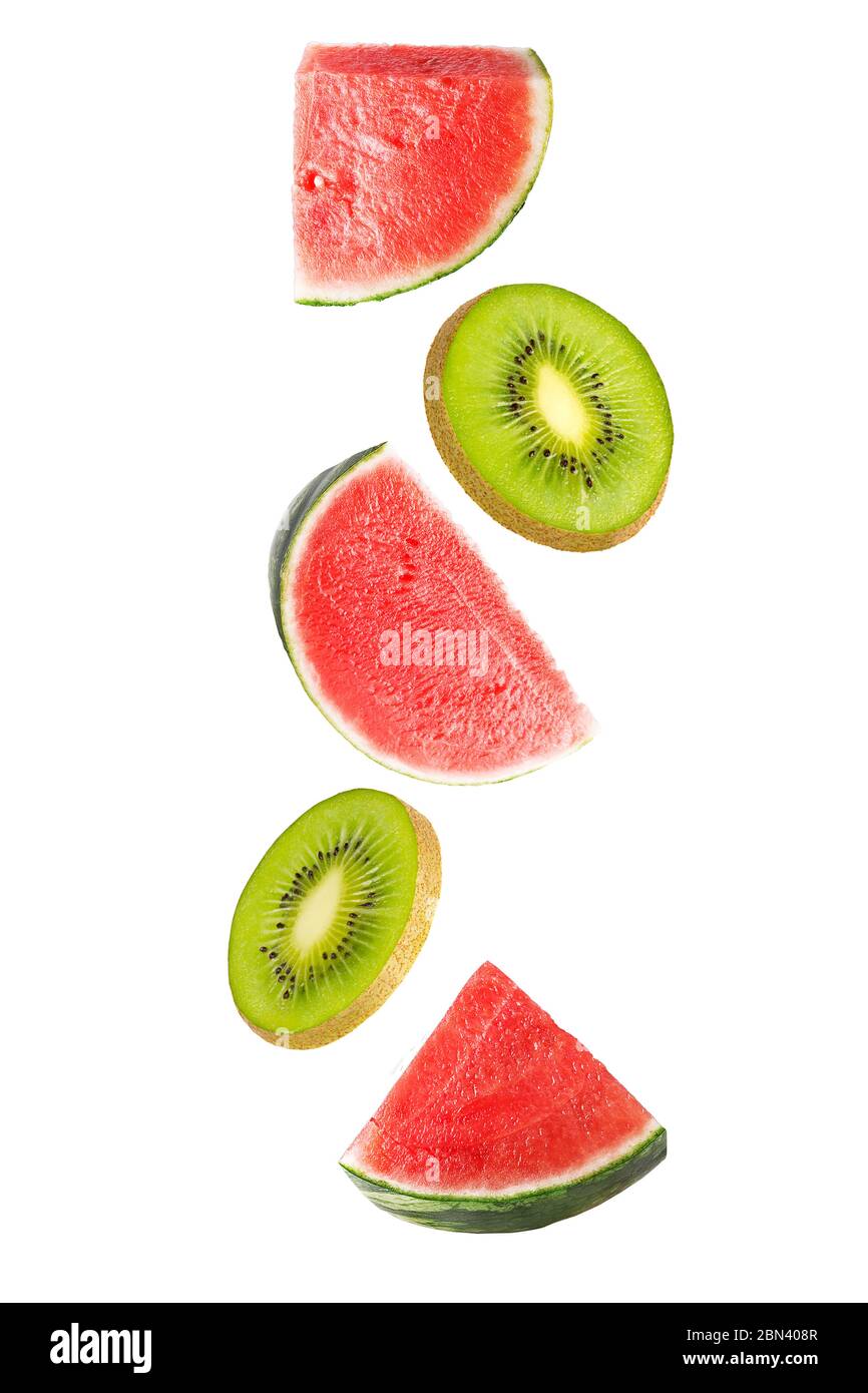 Floating watermelon and kiwi fruit isolated on white Stock Photo