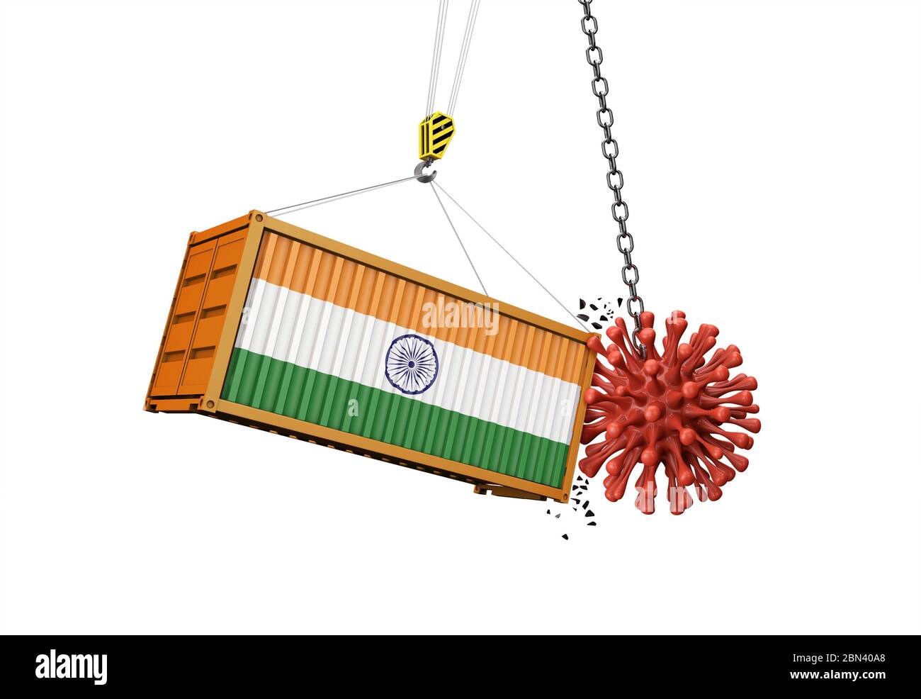 Coronavirus outbreak crashing into India cargo container. 3D Render