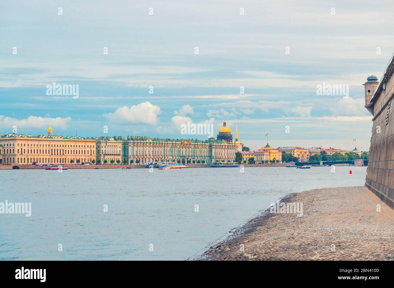 Cityscape of Saint Petersburg Leningrad with Winter Palace, State Hermitage Museum, Admiralty building, defense wall of Peter and Paul Fortress citadel on Zayachy Hare Island, Neva river, Russia Stock Photo
