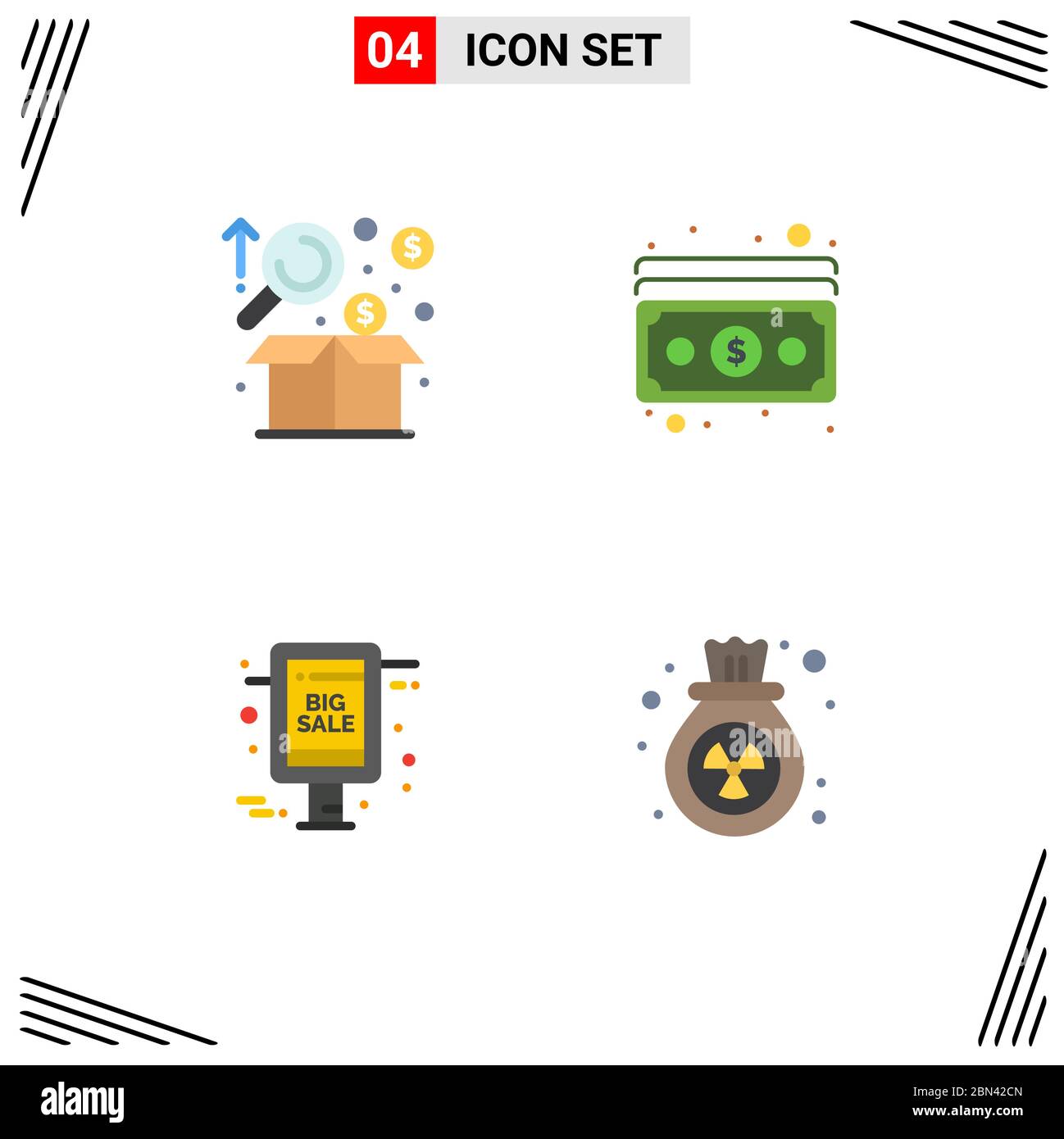 Modern Set of 4 Flat Icons and symbols such as analysis, big sale, graph, dollar, sale advertisement Editable Vector Design Elements Stock Vector