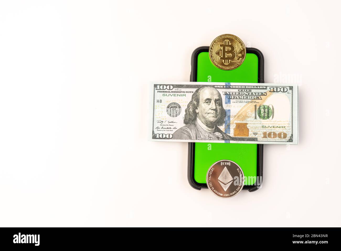 Choice between traditional money and crypto coins of bitcoin and ethereum,  money on phone with green screen isolated on white background Stock Photo -  Alamy
