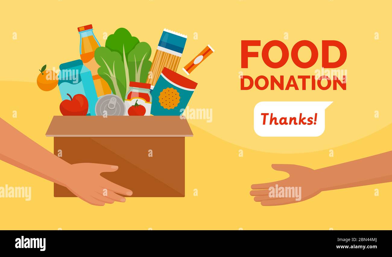 Volunteer holding a donation box with food, awareness and charity concept Stock Vector