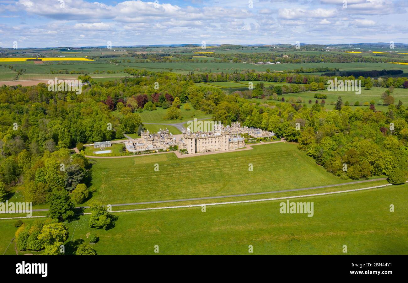 Aerial view of town of Floors Castle closed during Covid-19 lockdown in Kelso in Scottish Borders, Scotland, UK Stock Photo