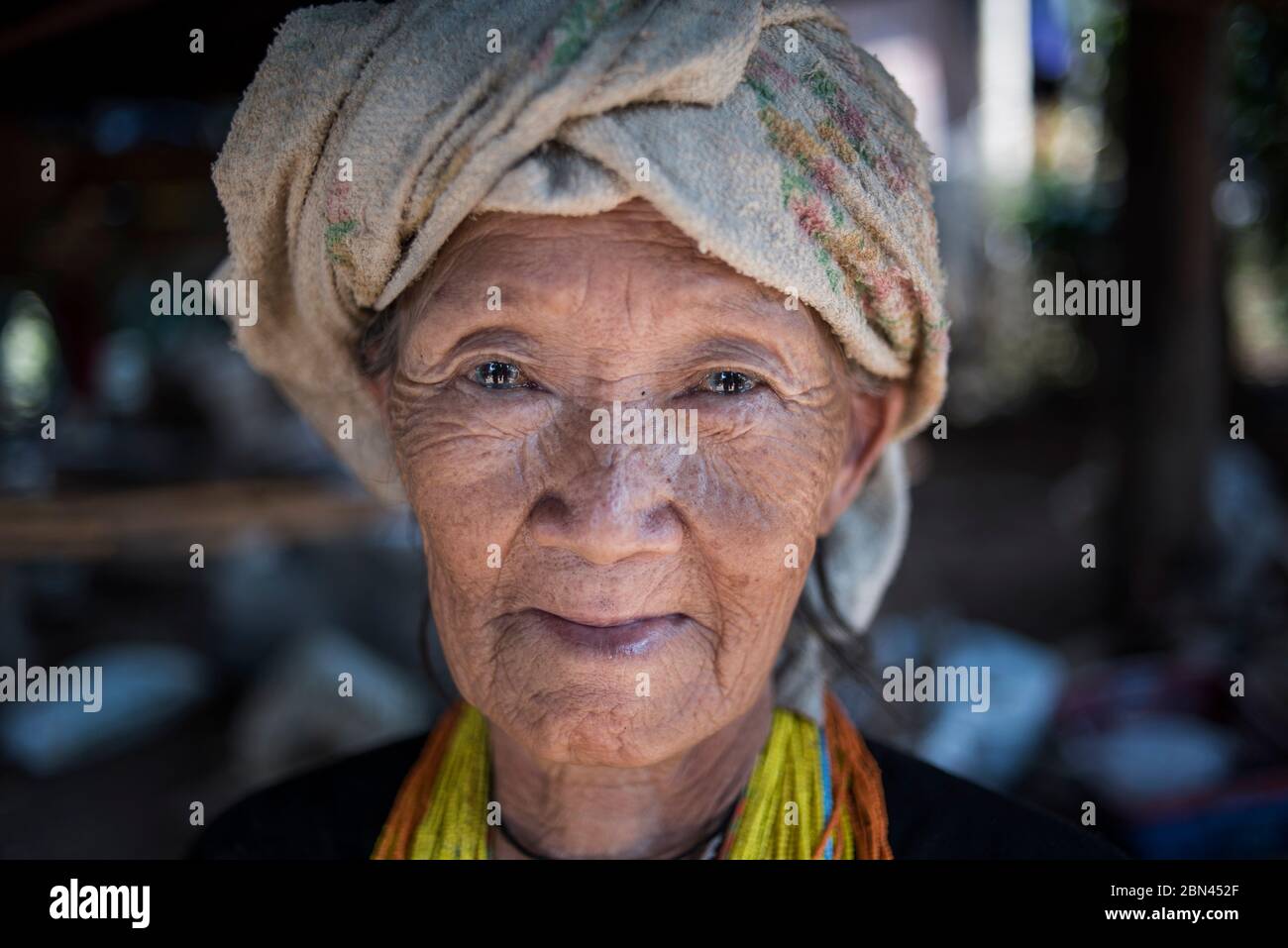 Portrait of an elder hill tribe woman near Pai, Thailand. Stock Photo