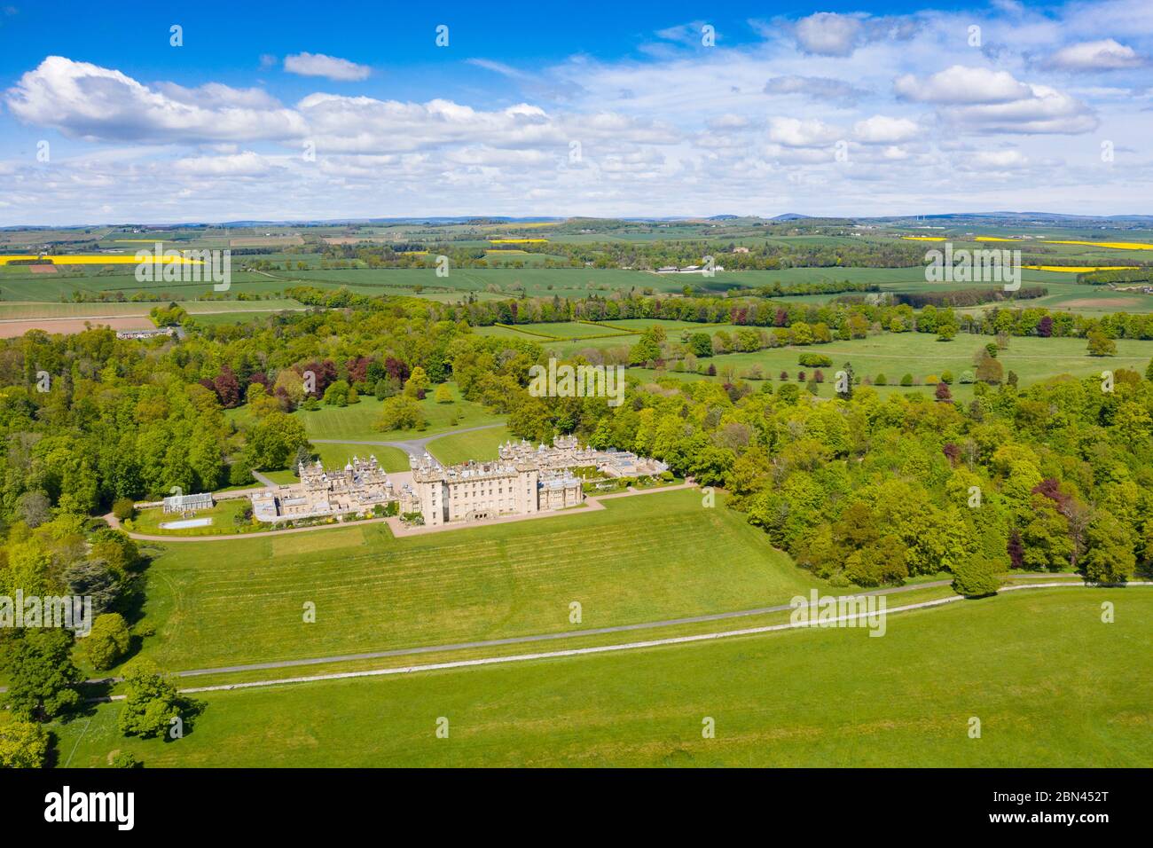 Aerial view of town of Floors Castle closed during Covid-19 lockdown in Kelso in Scottish Borders, Scotland, UK Stock Photo
