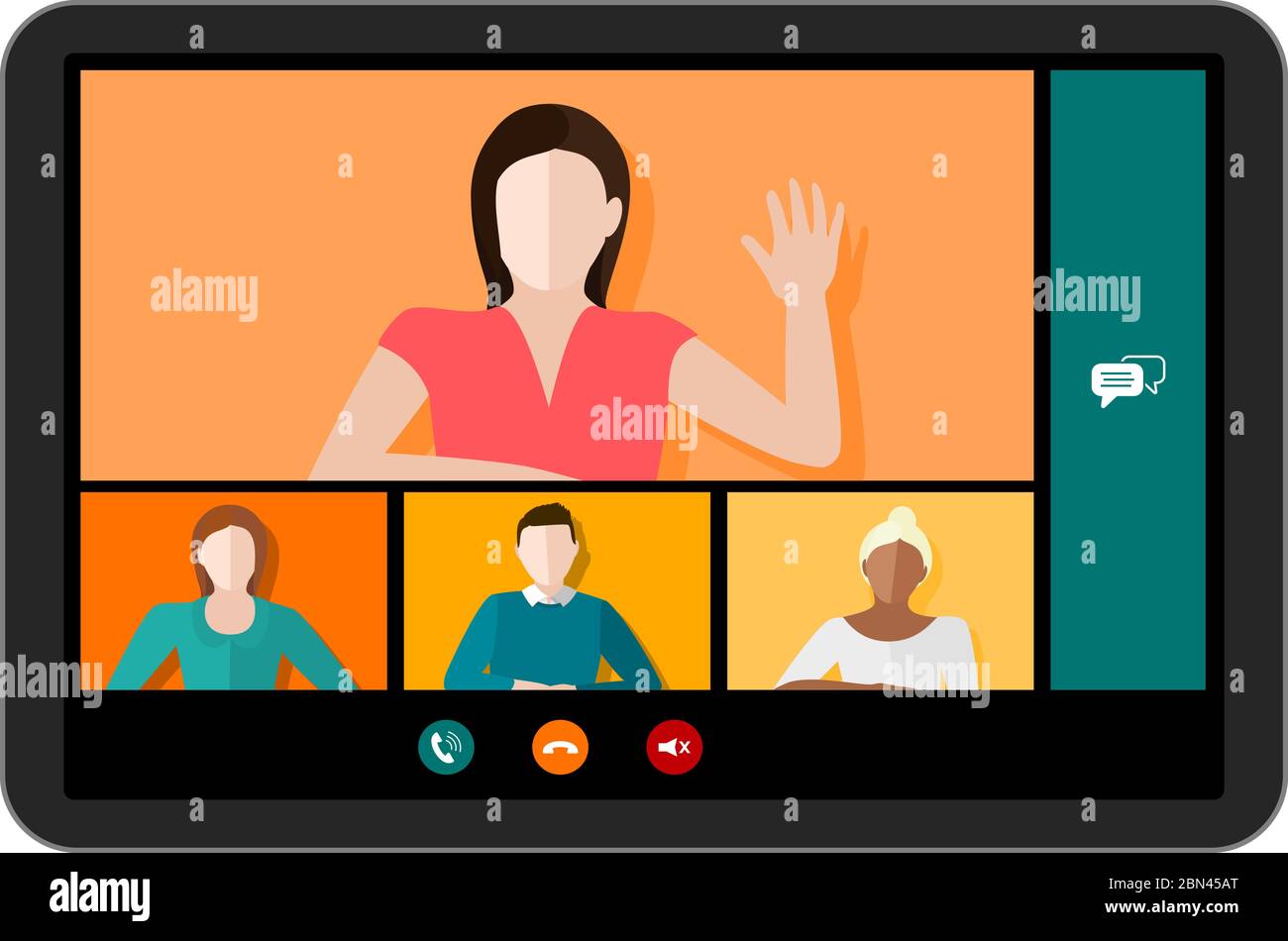 Tablet screen with a video conference call with multicultural people