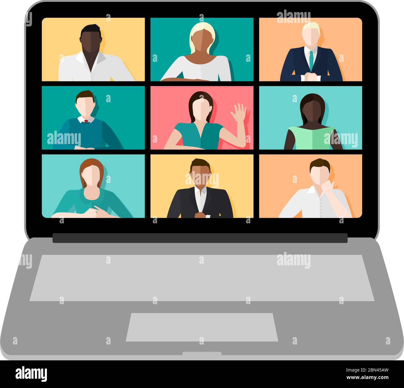 Laptop screen with a video conference call with multicultural people