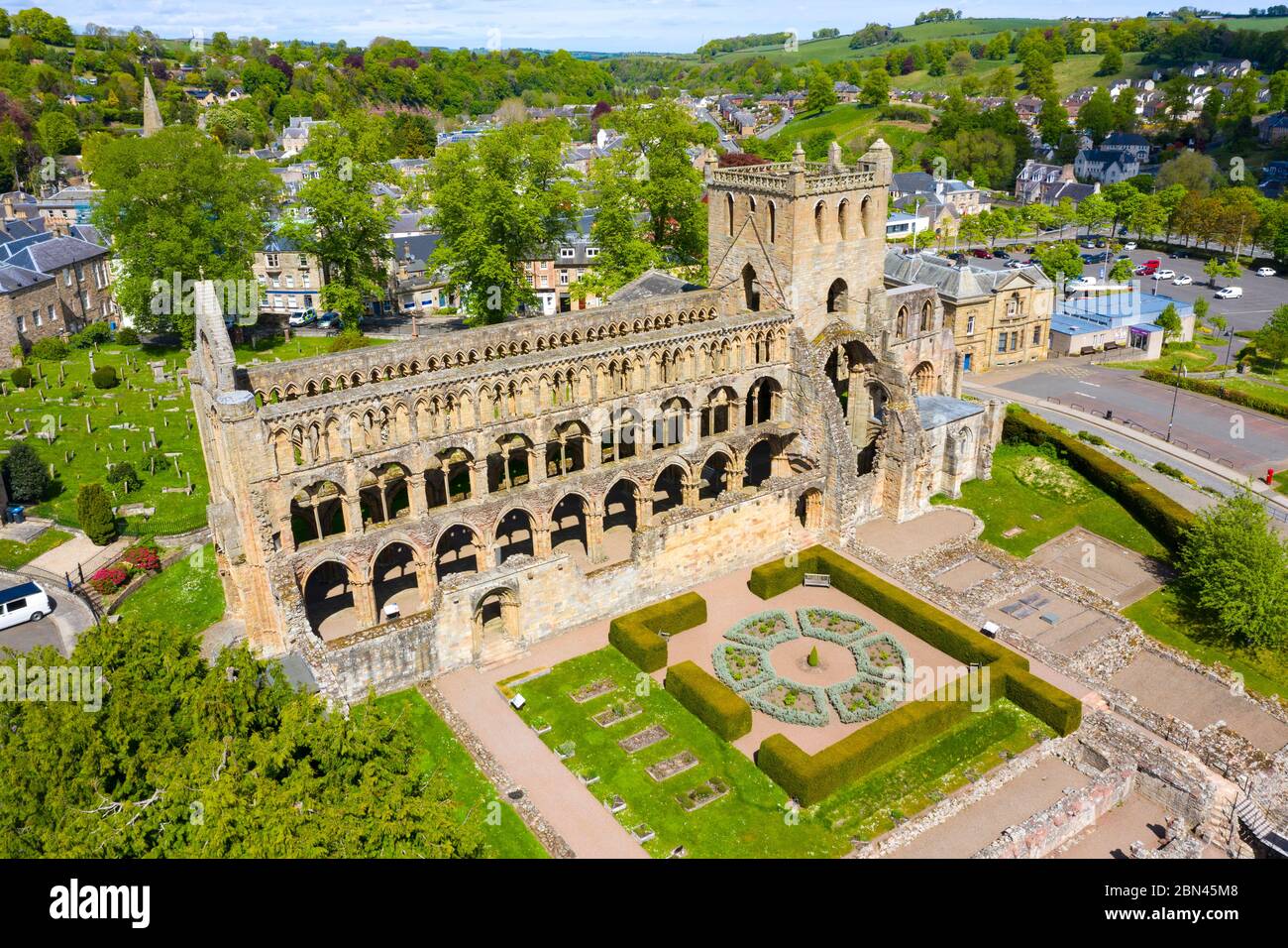 Aerial view of Jedburgh Abbey closed during Covid-19 lockdown in Scottish Borders, Scotland, UK Stock Photo