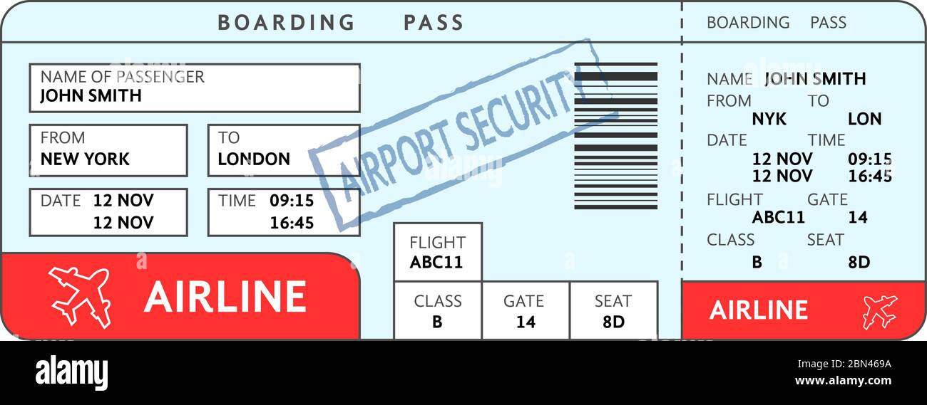 airport ticket with filled fields and security service mark Stock