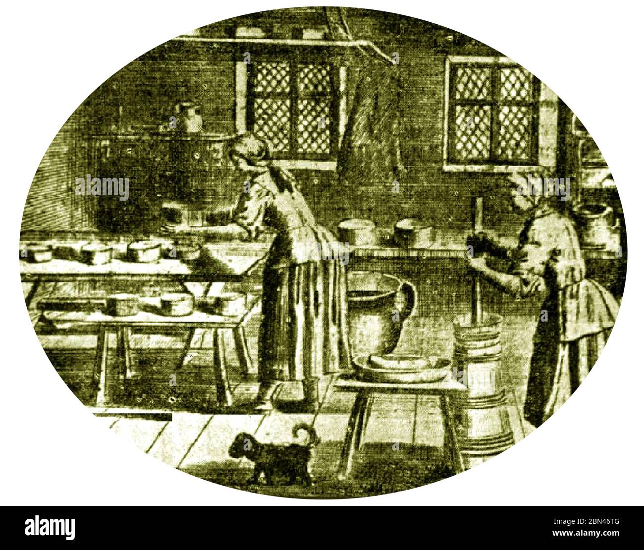 Dairy Industry in Britain - 18th century dairy engraving showing dairy maids churning butter and making cheese. A dog runs around the dairy floor indicating that this wasn't a cleanliness concern at the time. Stock Photo
