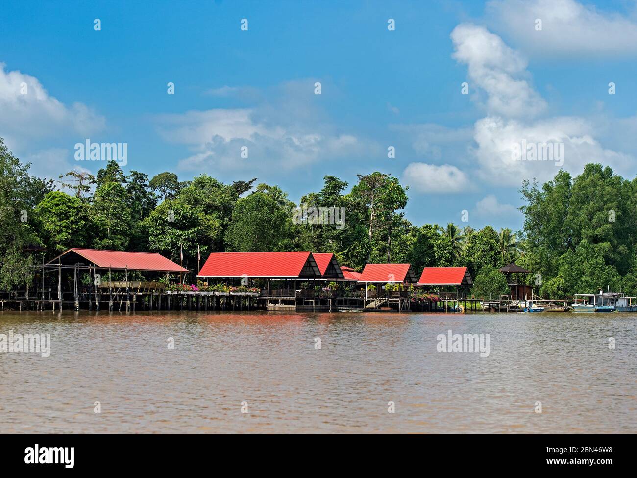 Abai Jungle Lodge at the Kinabatangan river side, Kinabatangan river flood plain, Sabah, Borneo, Malaysia Stock Photo
