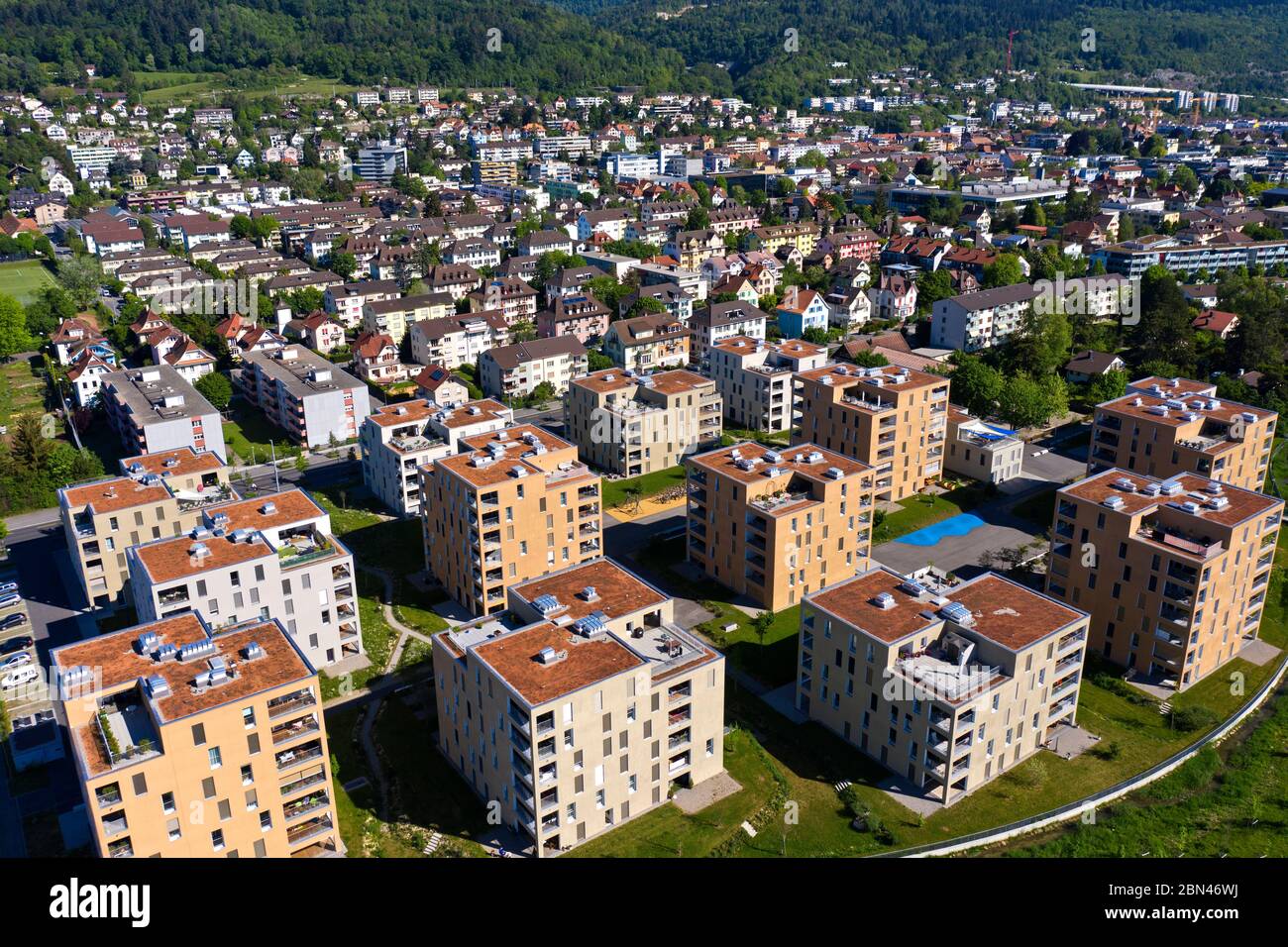 Jardin du Paradis residential park in the Gurzelen district, Biel, Switzerland Stock Photo