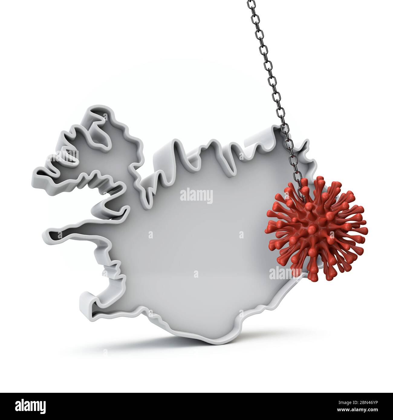 Iceland simple 3D map being hit by coronavirus. 3D Rendering Stock Photo