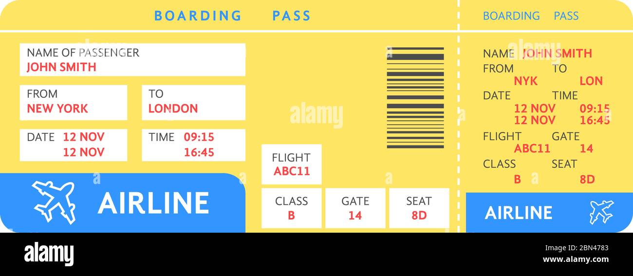 blue yellow air ticket by plane with text Stock Vector
