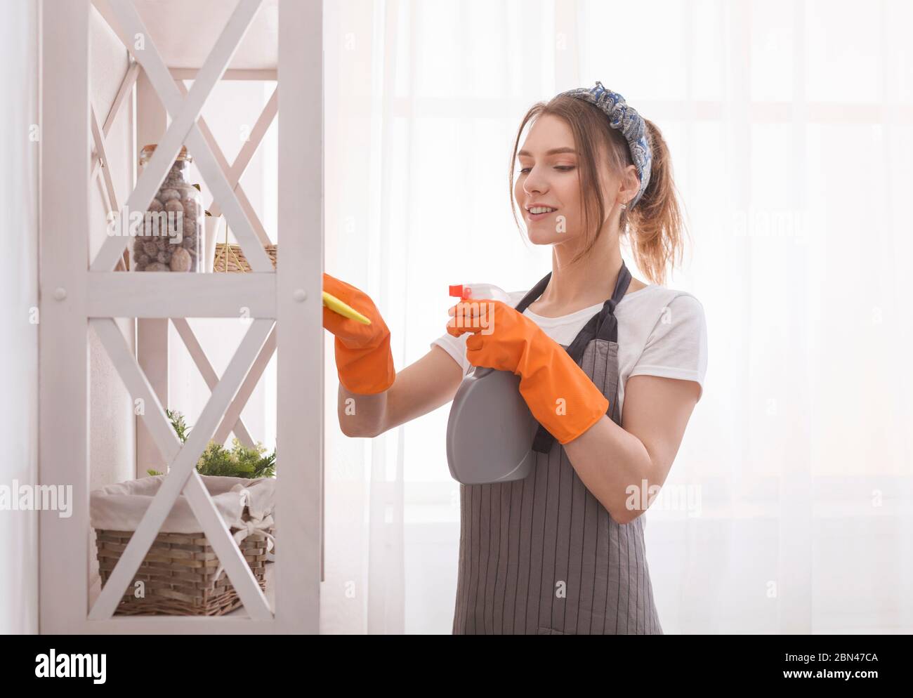 Professional Maid. Young Woman In Apron Cleaning Dust From Shelf Stock Photo