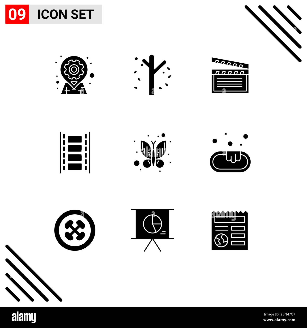 Pictogram Set of 9 Simple Solid Glyphs of filmstrip, film, season, animation, video Editable Vector Design Elements Stock Vector