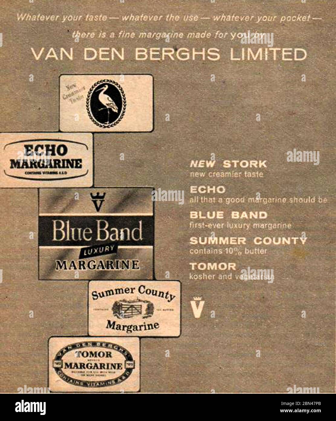 An early advertisement for  various margarine brands available in Britain  produced by Van Den Berghs Limited. Stock Photo