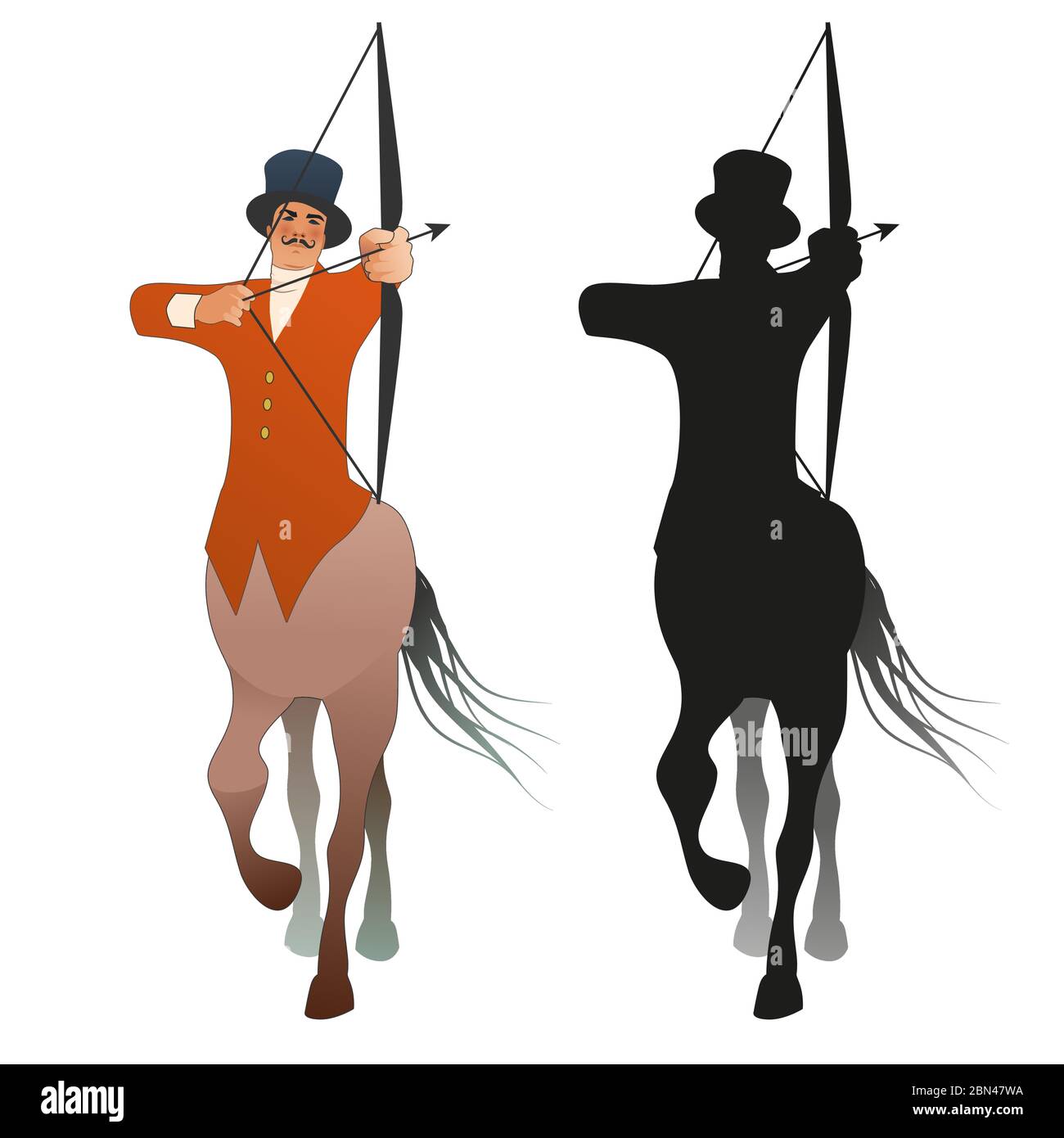 Centaur shooting arrows wearing top hat and elegant hunter clothes british style, isolated on white background Stock Vector