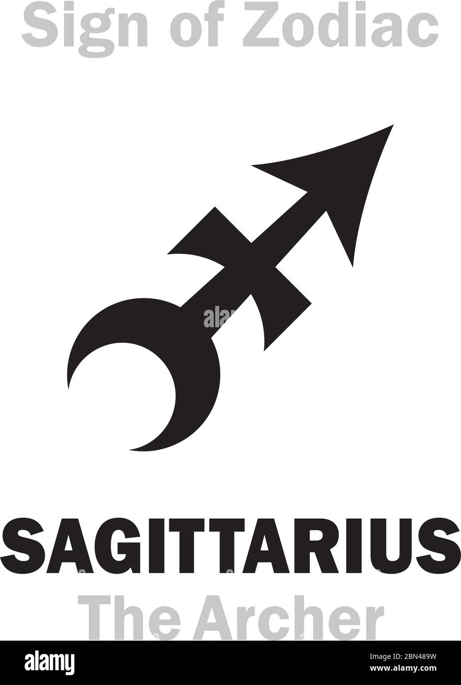 Astrology Alphabet: Sign of Zodiac SAGITTARIUS (The Archer). Astrological character, hieroglyphic sign (Czech medieval kabbalistic symbol). Stock Vector