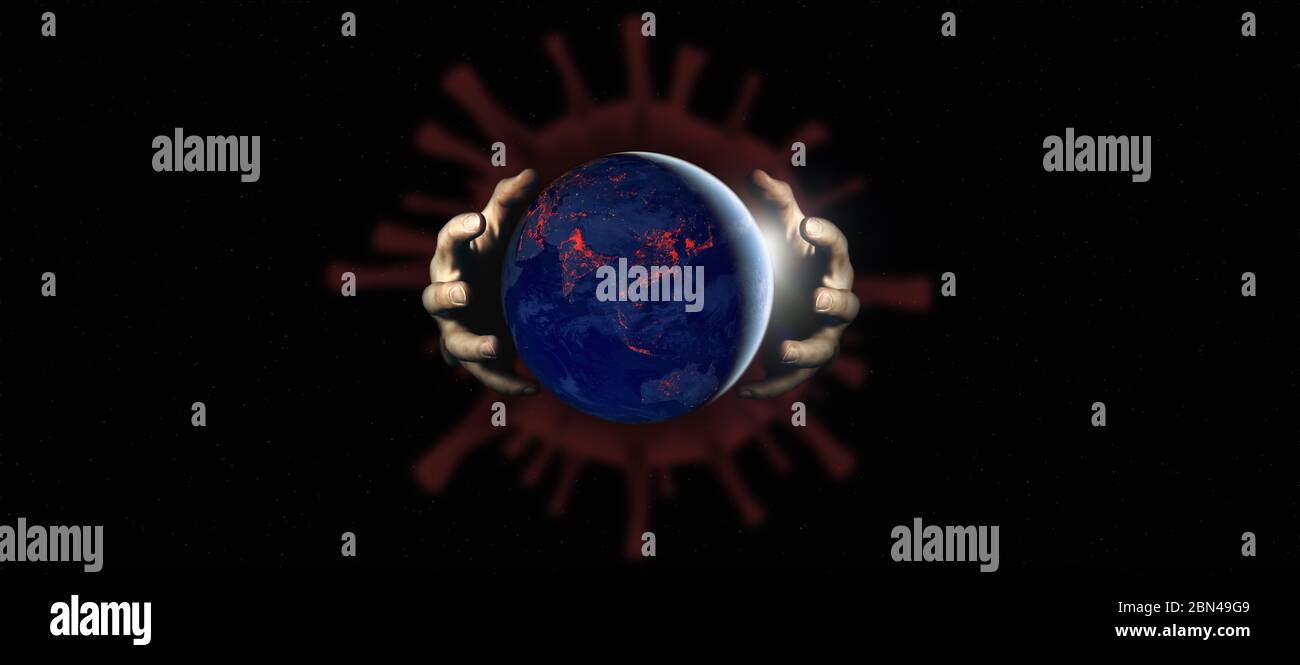 Coronavirus spreading, infecting the world. Virus cell with human hands grasping the planet earth. Planet quarantined by covid 19 illustrative concept Stock Photo