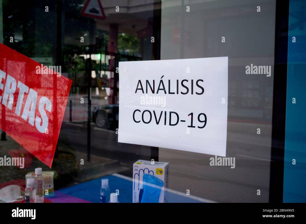 Covid 19 test announcement in a pharmacy Stock Photo