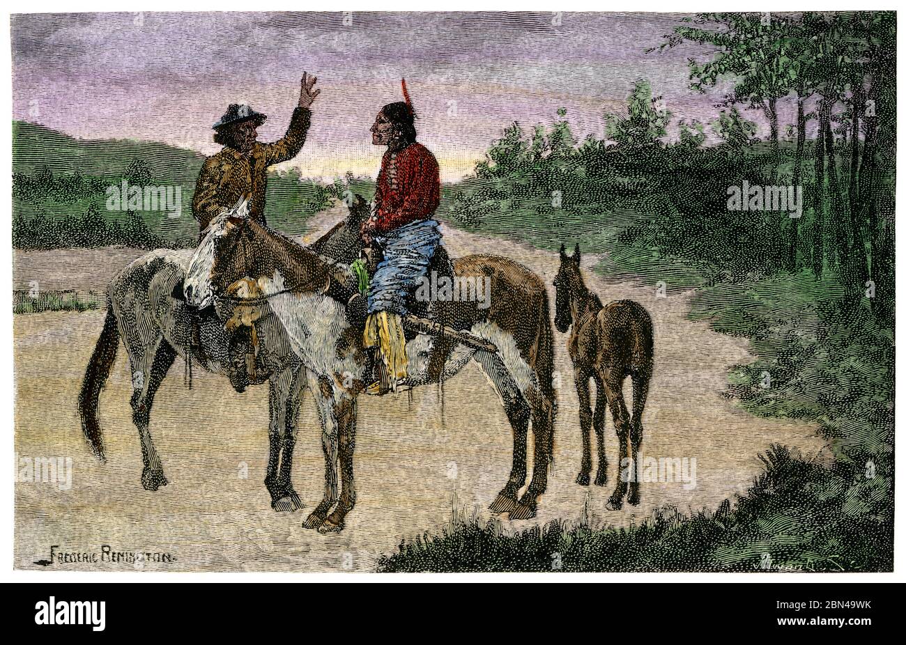 Native Americans from different tribes using sign language, 1800s. Hand-colored woodcut of a Frederic Remington illustration Stock Photo