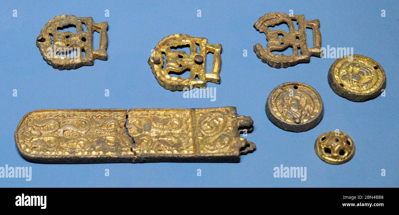Late Avar gilded bronze belt set. Smrdelji, Croatia. 8th-9th centuries. Museum of Croatian Archaeological Monuments, Split, Croatia. Stock Photo