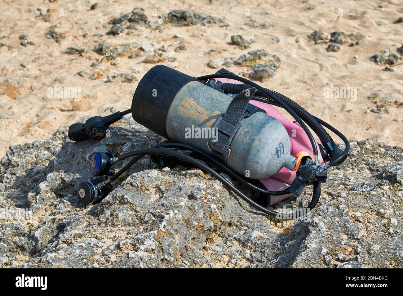 Diving cylinder used to store and transport the high pressure breathing gas required for scuba