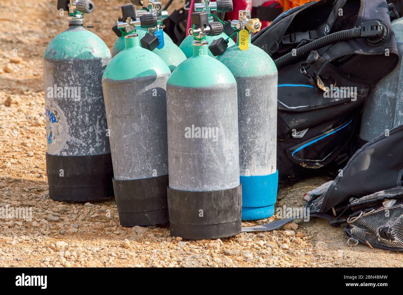 Diving cylinders used to store and transport the high pressure breathing gas required for scuba