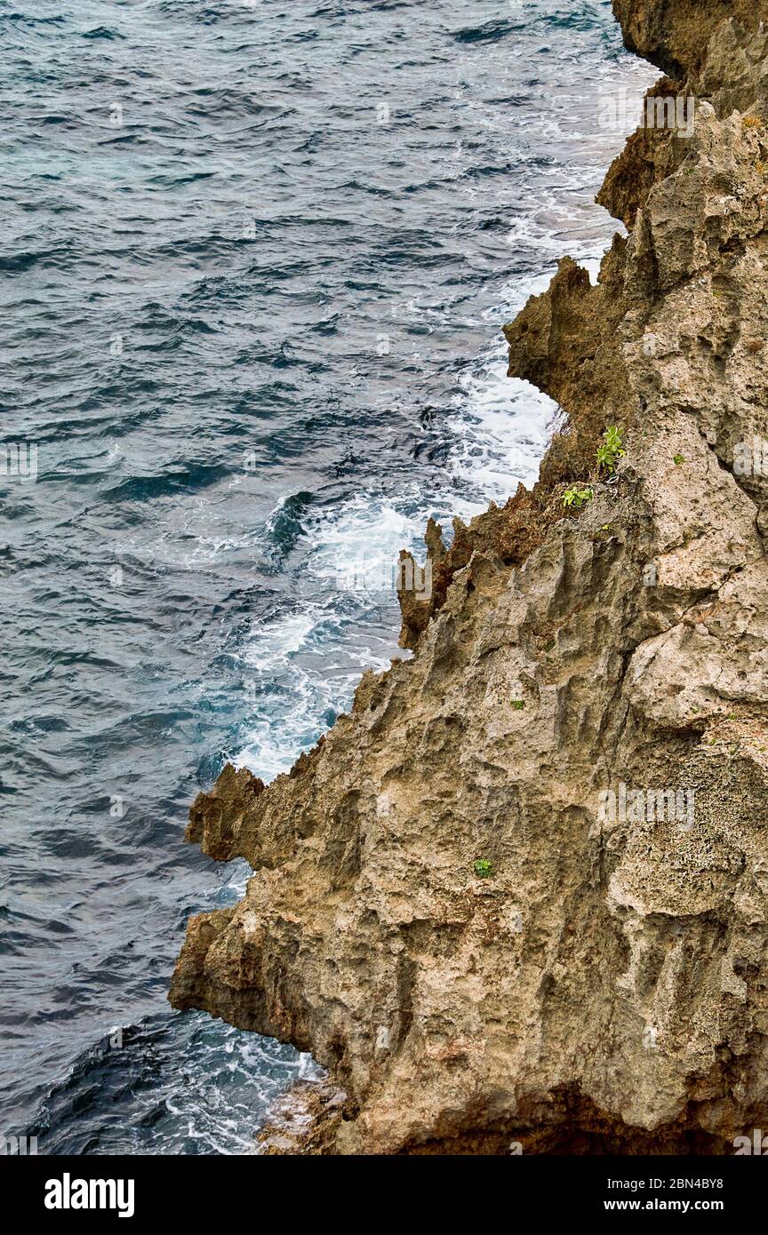 Blue sea and volcanic rock formations on the coast of Okinawa island in ...