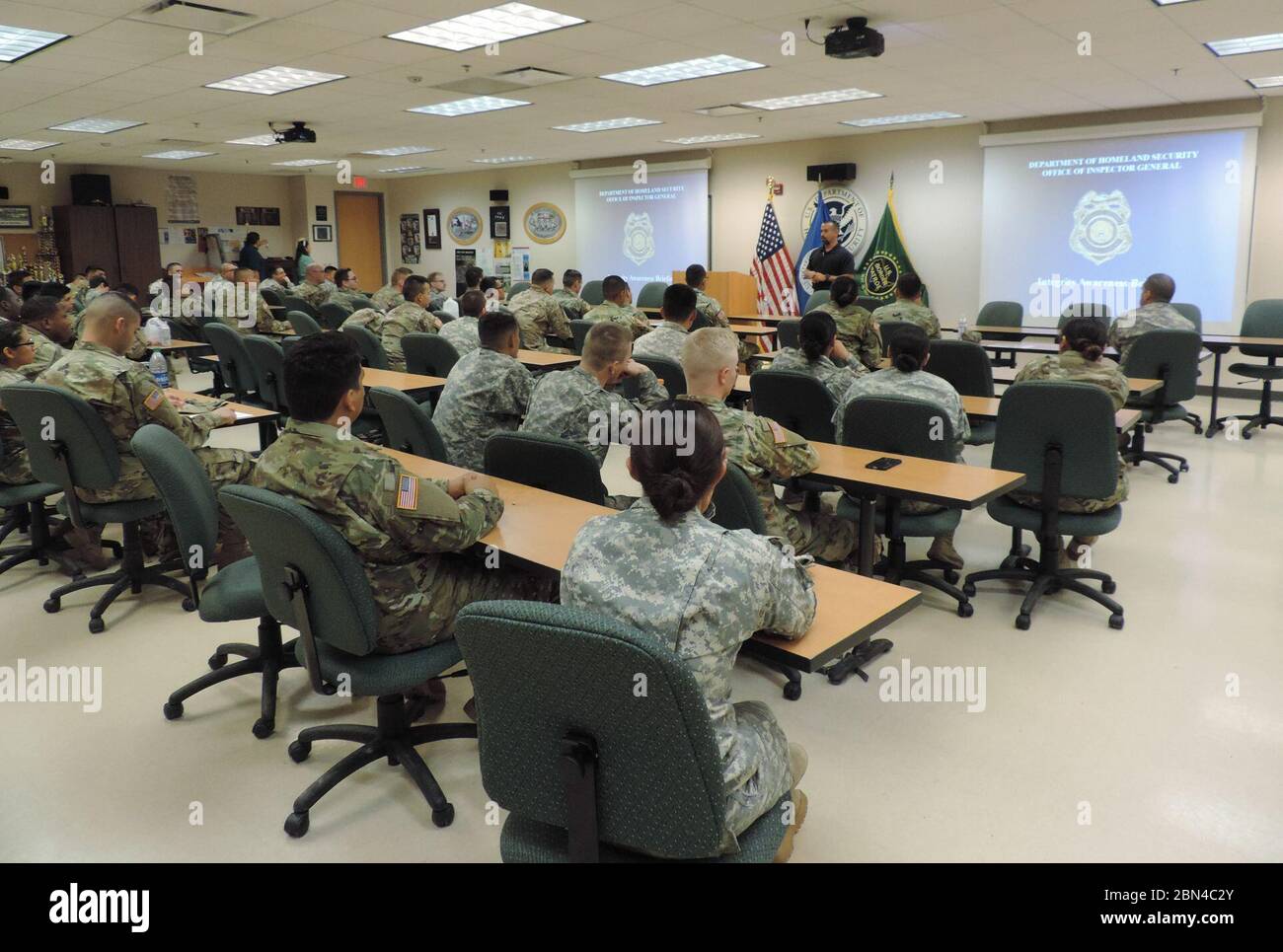 OIG Special Agent (SA) Marco Rodriguez, from the McAllen Office, facilitates OIG Integrity Training to more than 100 National Guard personnel assigned to RGV Sector at the McAllen Border Patrol Station, Friday, April 27, 2018. Stock Photo