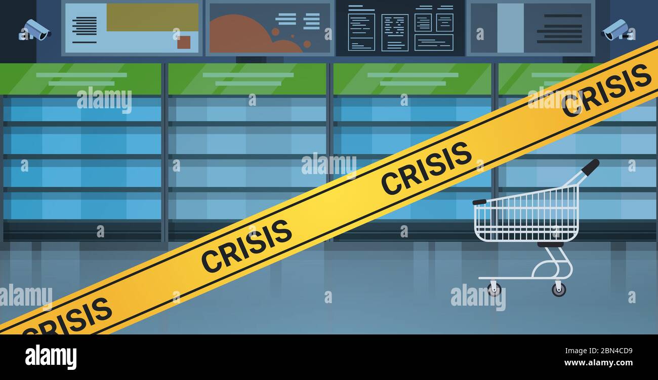 empty supermarket shelves with yellow crisis tape coronavirus pandemic