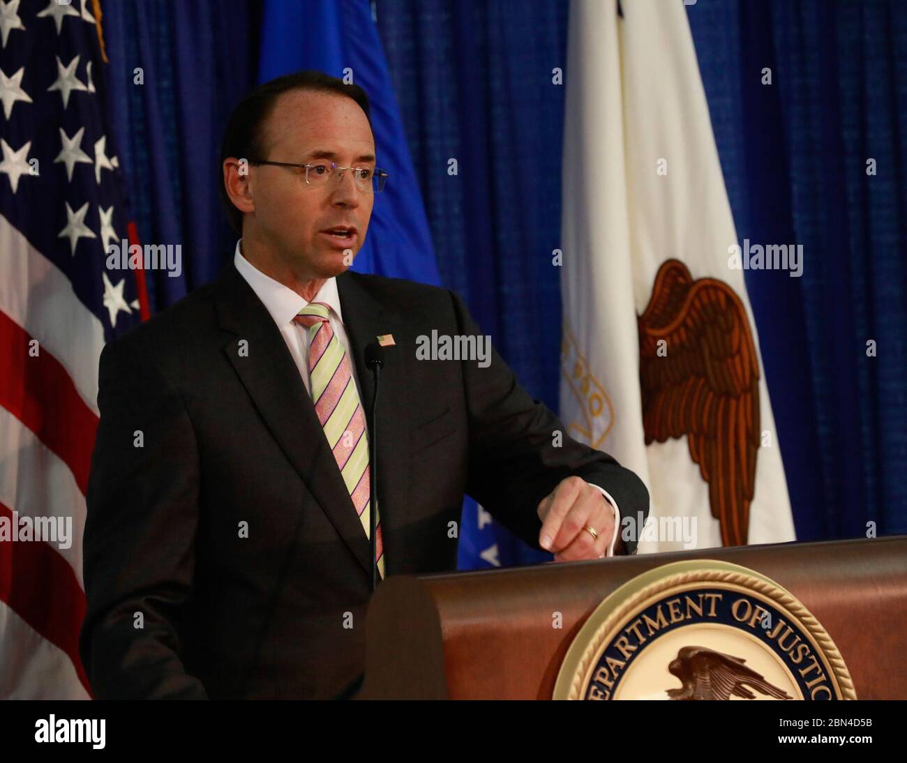 Key members of federal law enforcement, fire and emergency medical services attend the preview release of the Fentanyl: The Real Deal video created by U.S. Customs and Border Protection and partner agencies  in the Bureau of Justice Assistance, Office of Justice Washington D.C., Rod J. Rosenstein the 37th Deputy Attorney General of the United States discusses the importances of law enforcement, and the roll they play in securing the nation.  August 30, 2018 U.S. Customs and Boarder Protection Stock Photo