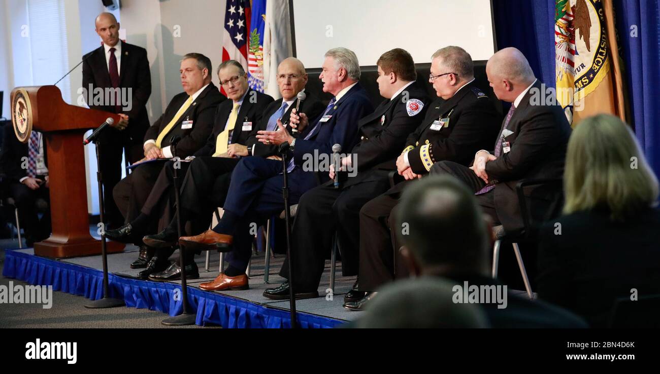 Key members of federal law enforcement, fire and emergency medical services attend the preview release of the Fentanyl: The Real Deal video created by U.S. Customs and Border Protection and partner agencies  in the Bureau of Justice Assistance, Office of Justice Washington D.C., August 30, 2018 U.S. Customs and Boarder Protection Stock Photo