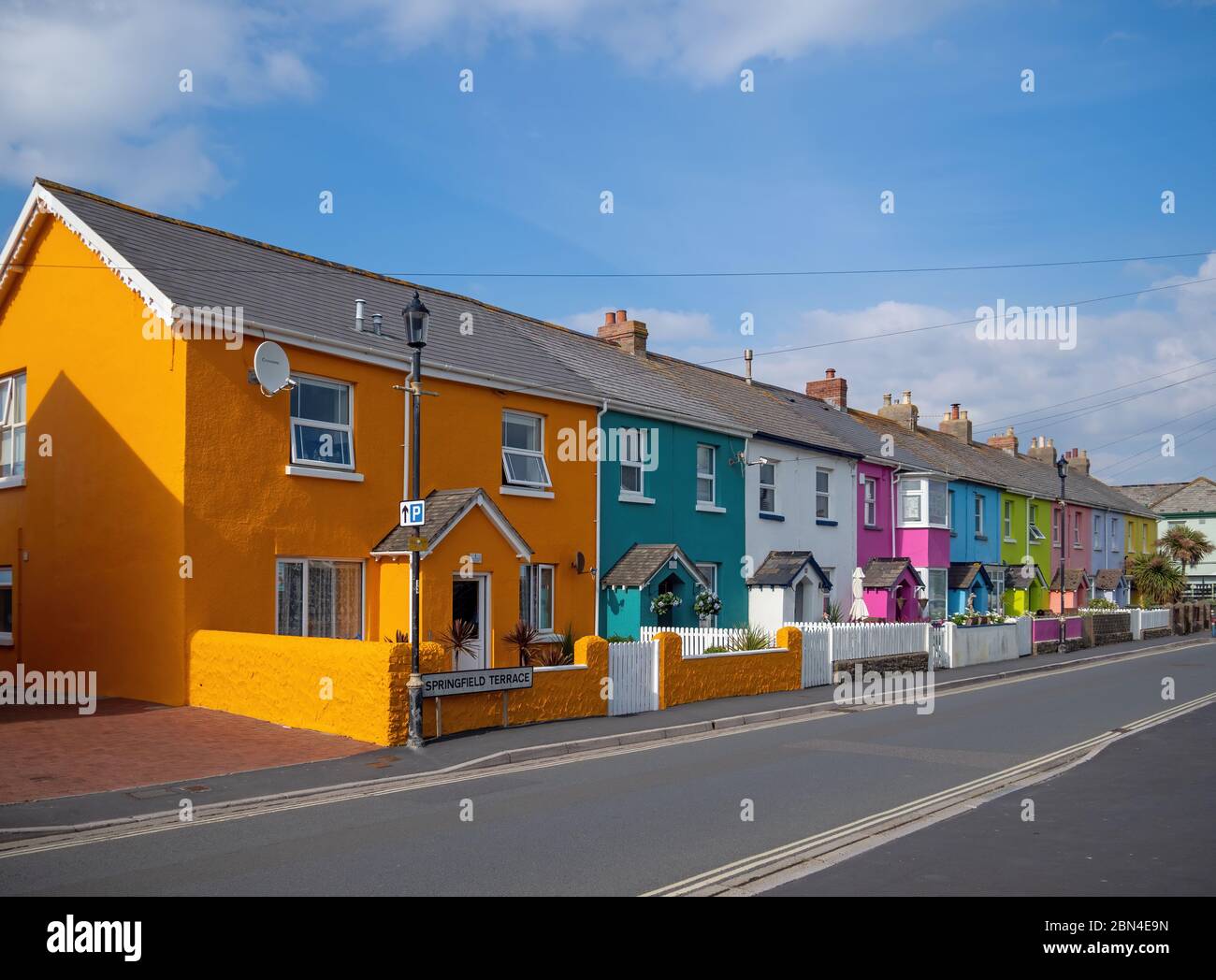 WESTWARD HO!, DEVON, ENGLAND MAY 7 2020 Colourful row of terrace