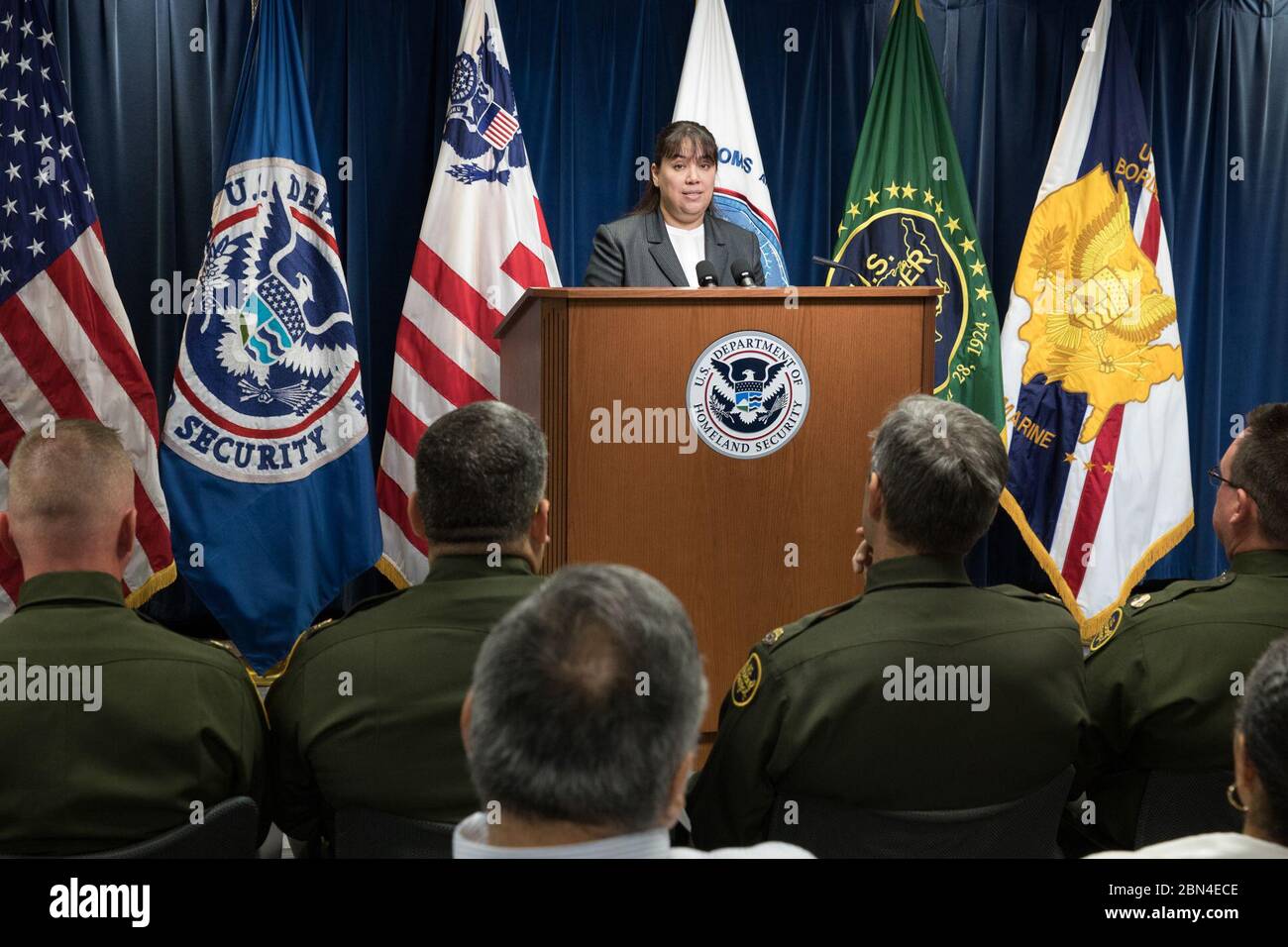Executive Director, Privacy and Diversity Office, Rebekah Salazar delivers opening address at U.S. Customs and Border Protection’s National Hispanic Heritage Month themed “Hispanics: One Endless Voice to Enhance Our Traditions” at U.S. Customs and Border Protection Headquarters in Washington, DC on October 4, 2018. Stock Photo