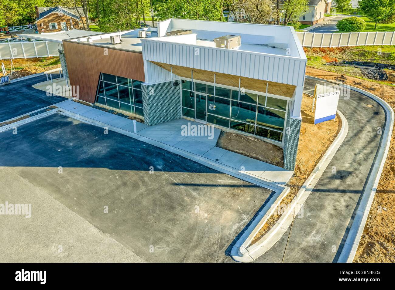 Aerial view of just finished credit union branch building with drive through ATM in the East Coast USA Stock Photo