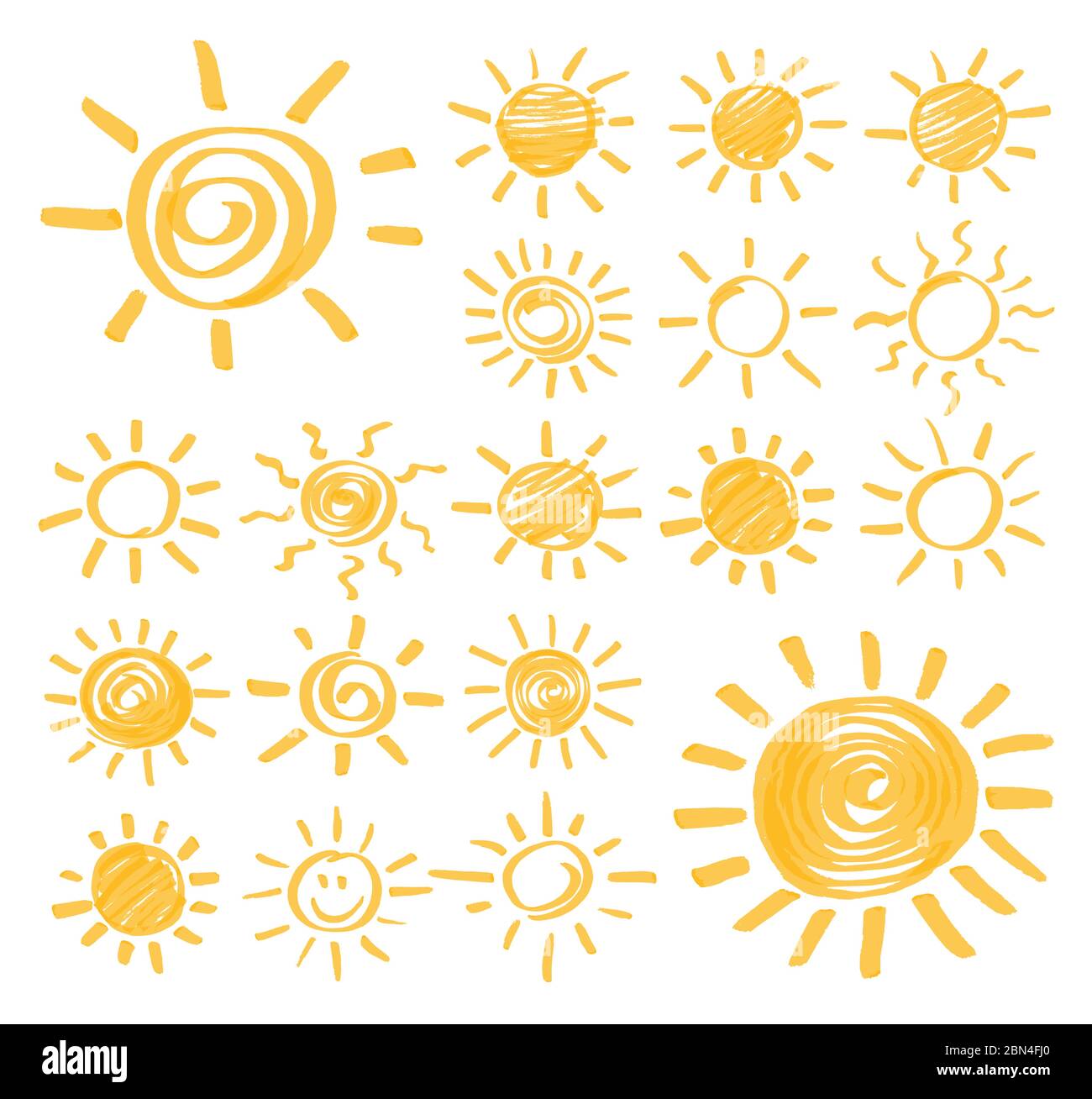 Highlighter marker summer sun design elements. Set of vector sun symbols hand drawn by yellow highlighter. Optimized for one click color changes. Vect Stock Vector