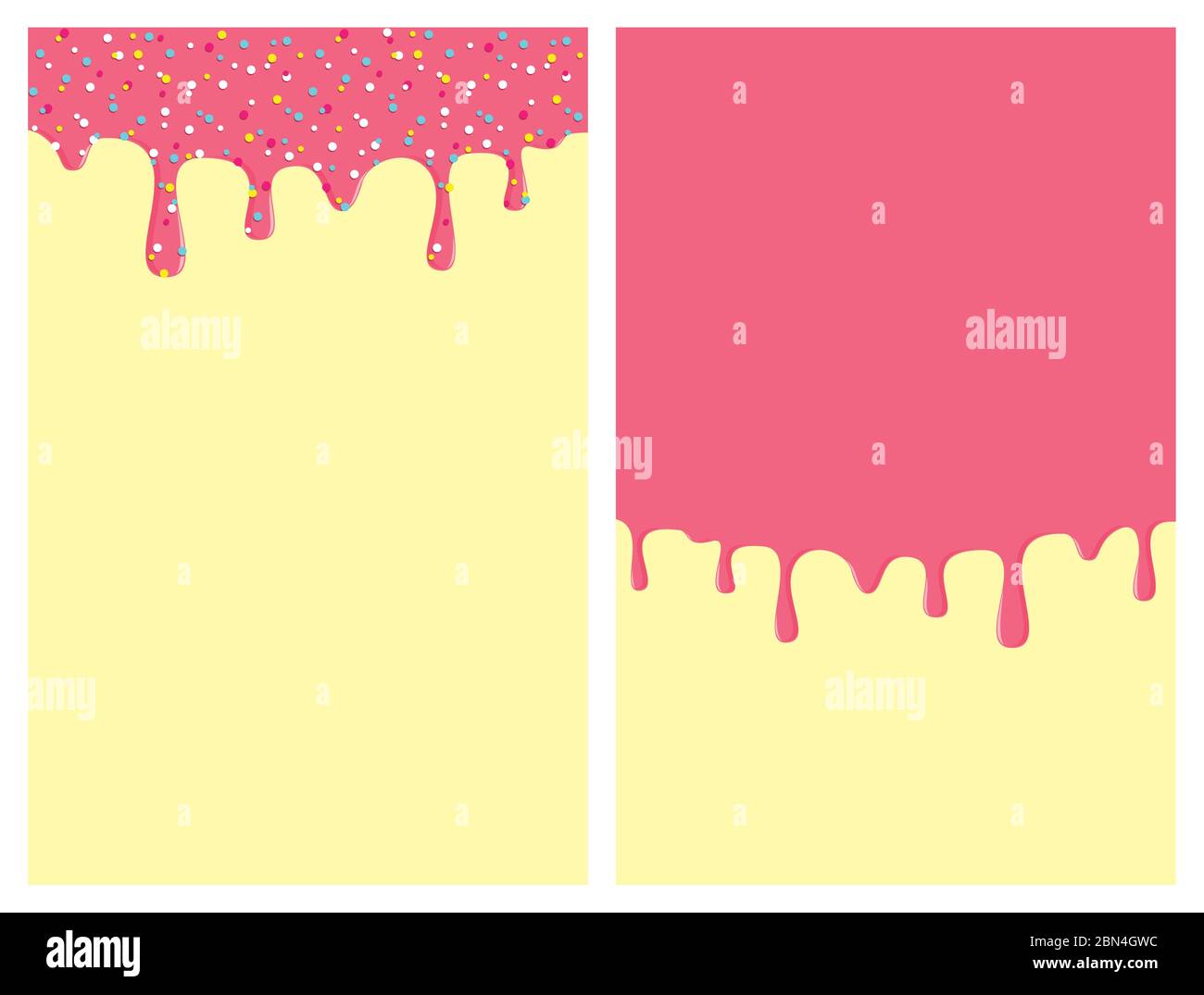 Dripping donut glaze vertical backgrounds set. Pink liquid sweet flow, tasty dessert topping with colorful sprinkles. Doughnut or ice cream drips. Vec Stock Vector