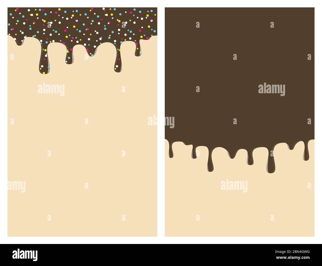 Dripping donut glaze vertical backgrounds set. Chocolate liquid sweet flow, tasty dessert topping with colorful sprinkles. Doughnut or ice cream drips Stock Vector