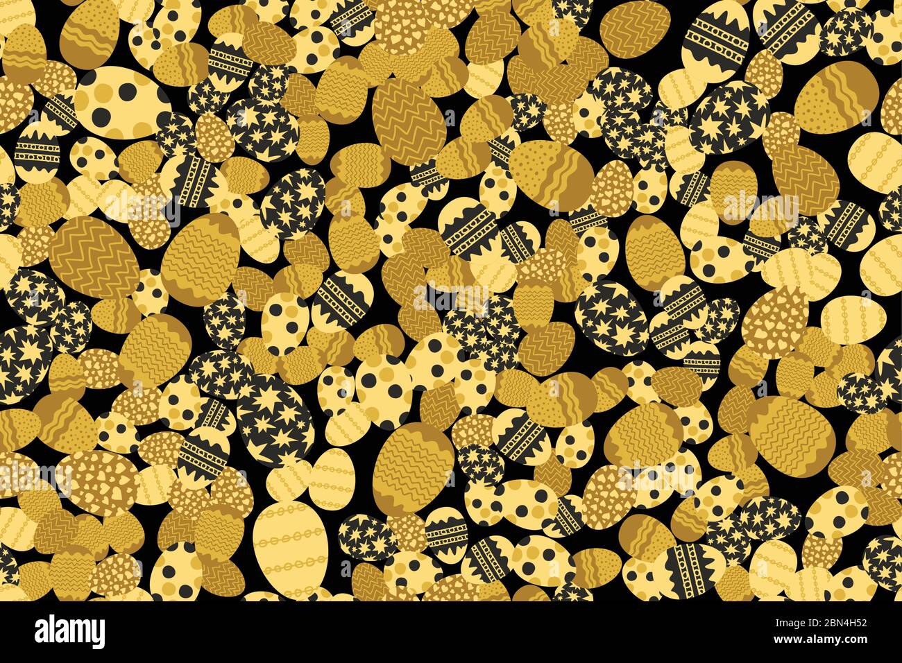 Golden tones easter eggs randomly placed on black background. Decorative seamless pattern. Texture suitable for wrapping or greeting card. Vector eps8 Stock Vector